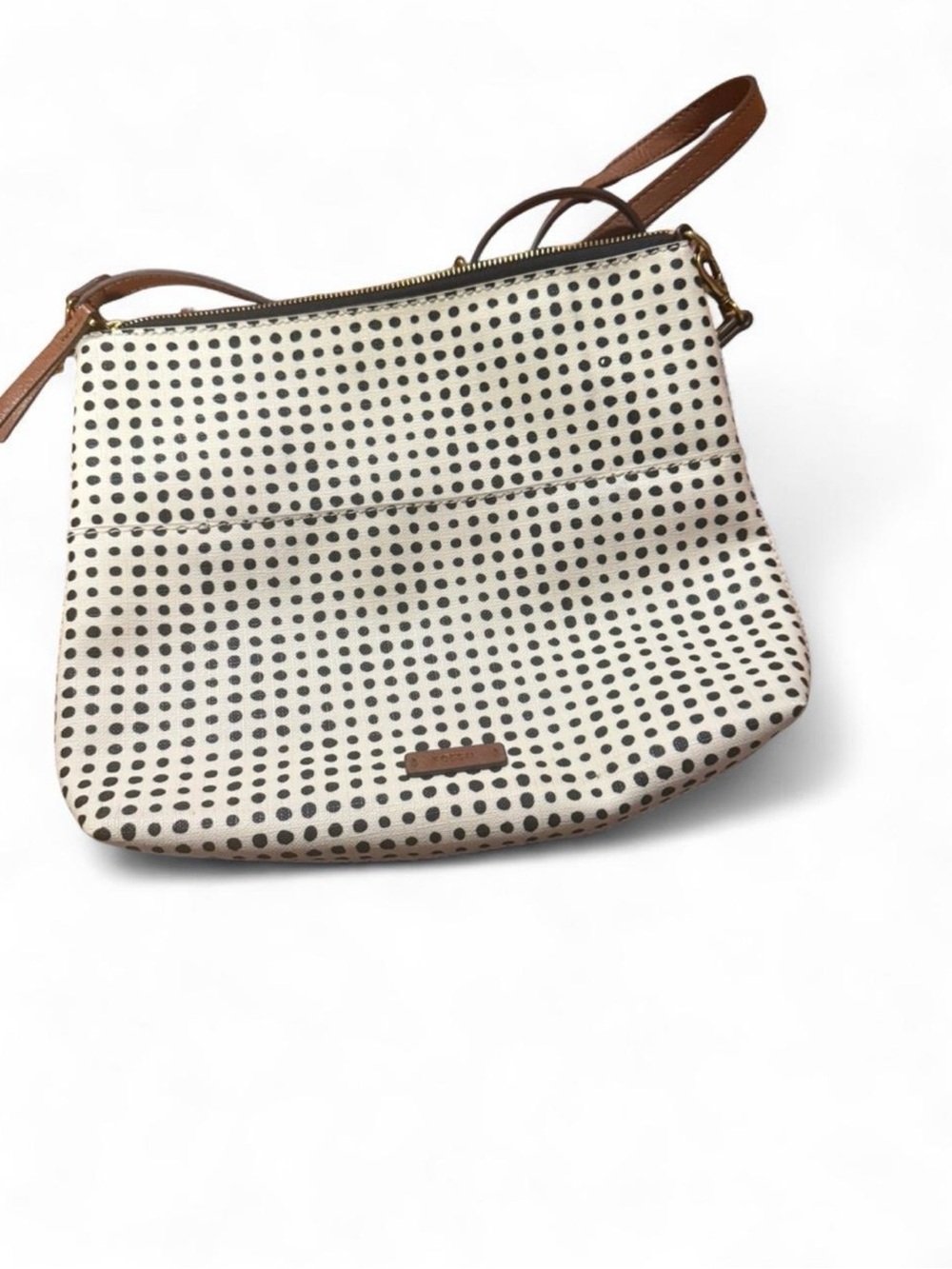 Fossil Fiona crossbody bag white with black Polka Dots and brown leather trim
